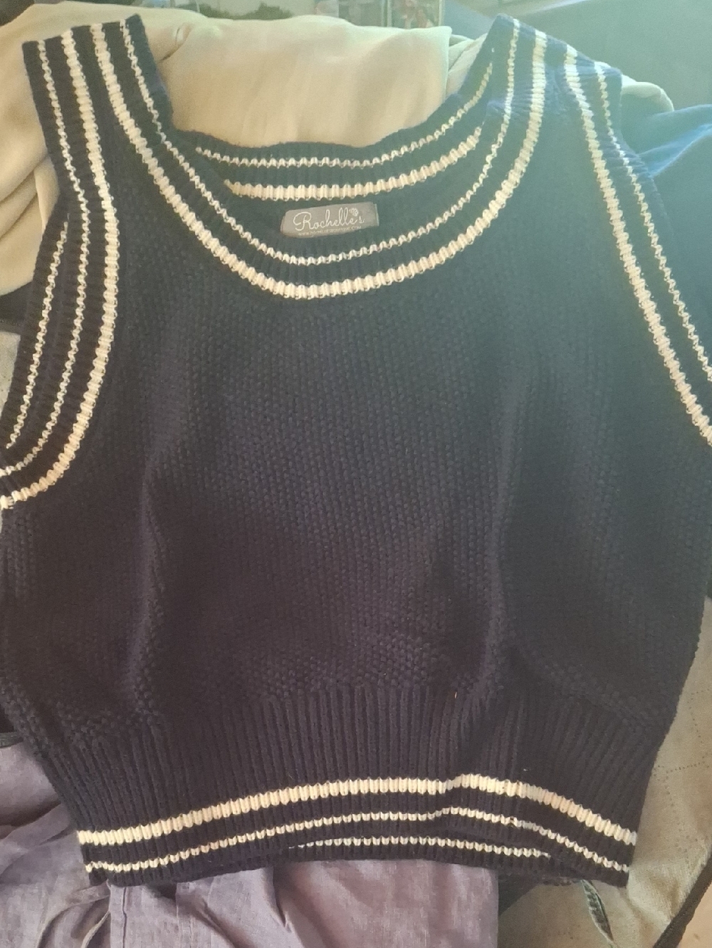 Rochelle's Boutique...Watch Hill RI.Navy and White Striped Knit Sweater Tank